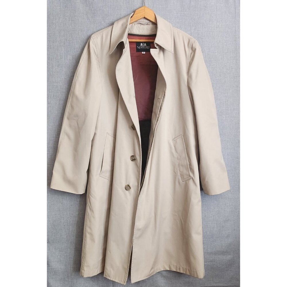 Vintage Stafford Trench Coat Classic Tan Overcoat Size 40 Removable Lining